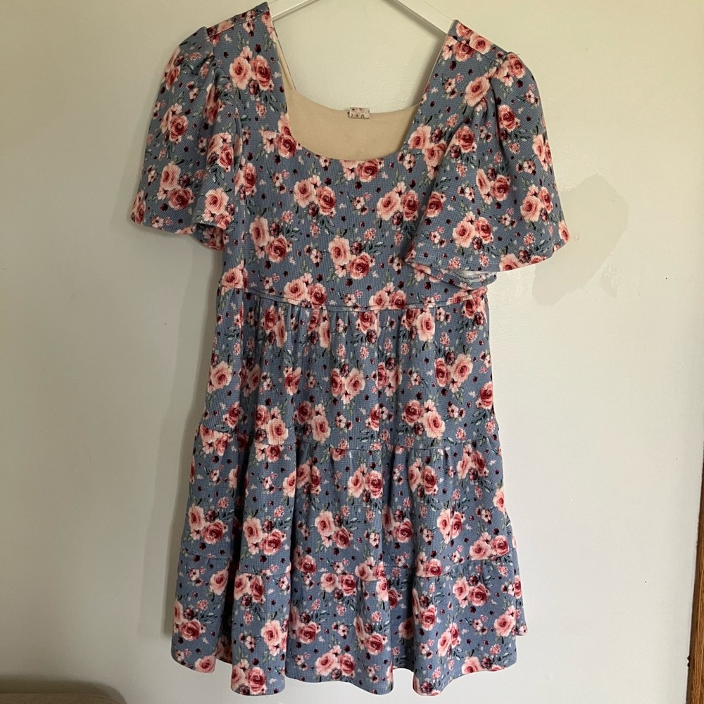 Handmade Floral Dress M/L | Blue Rose Print | Stretchy Knit | Lined Bodice